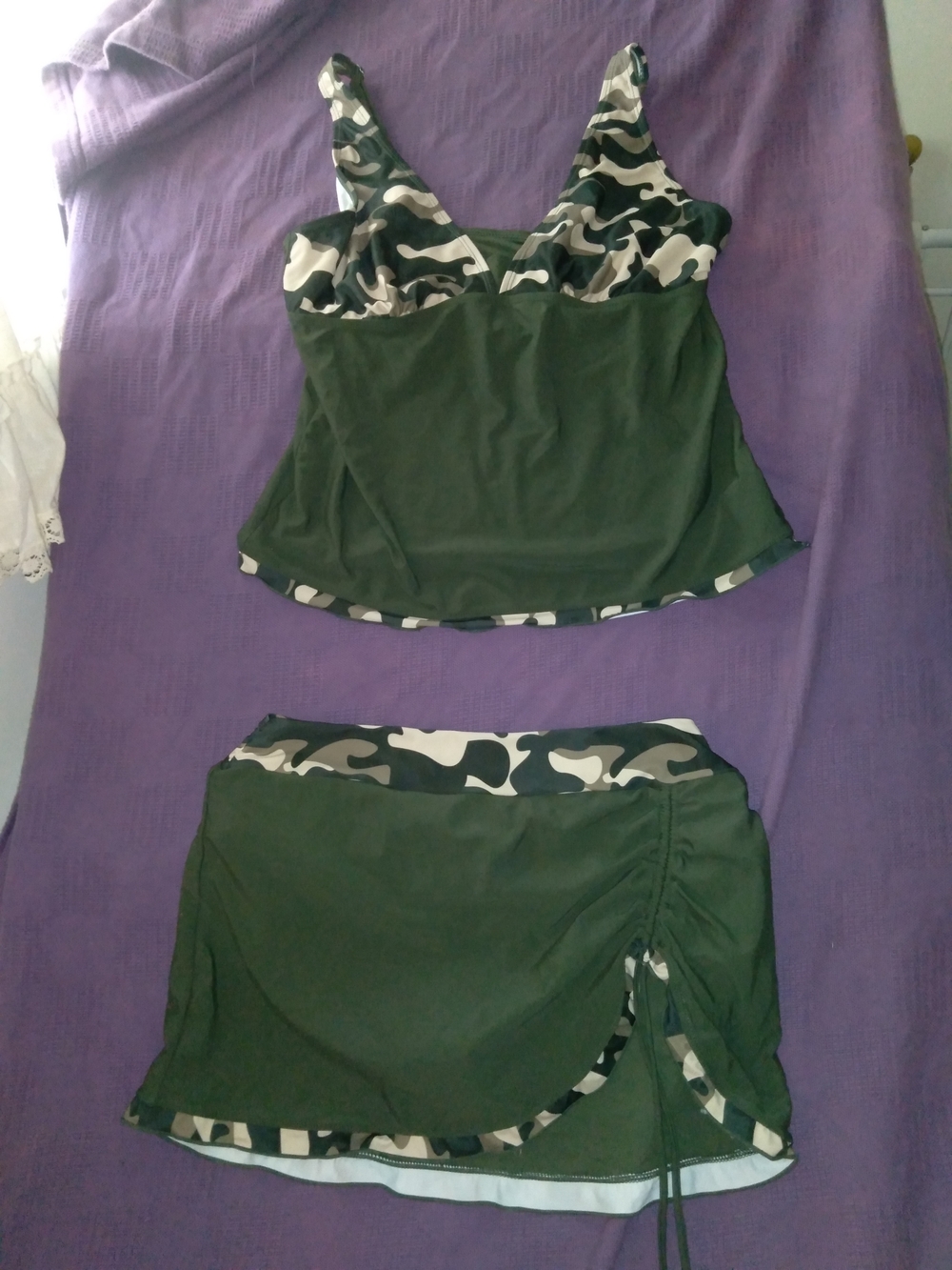 Olive Green Camo Tankini Top & Skirt Swim Set
